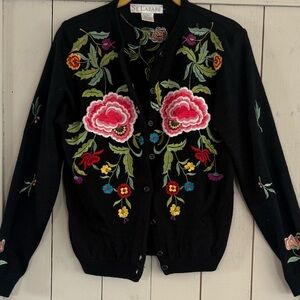 Vintage Black Floral Embroidered Cardigan Sweater
